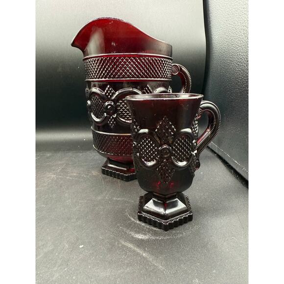 Vintage Avon Cape Cod Ruby Red Glass Footed Mugs with Matching Pitcher - Picture 8 of 8